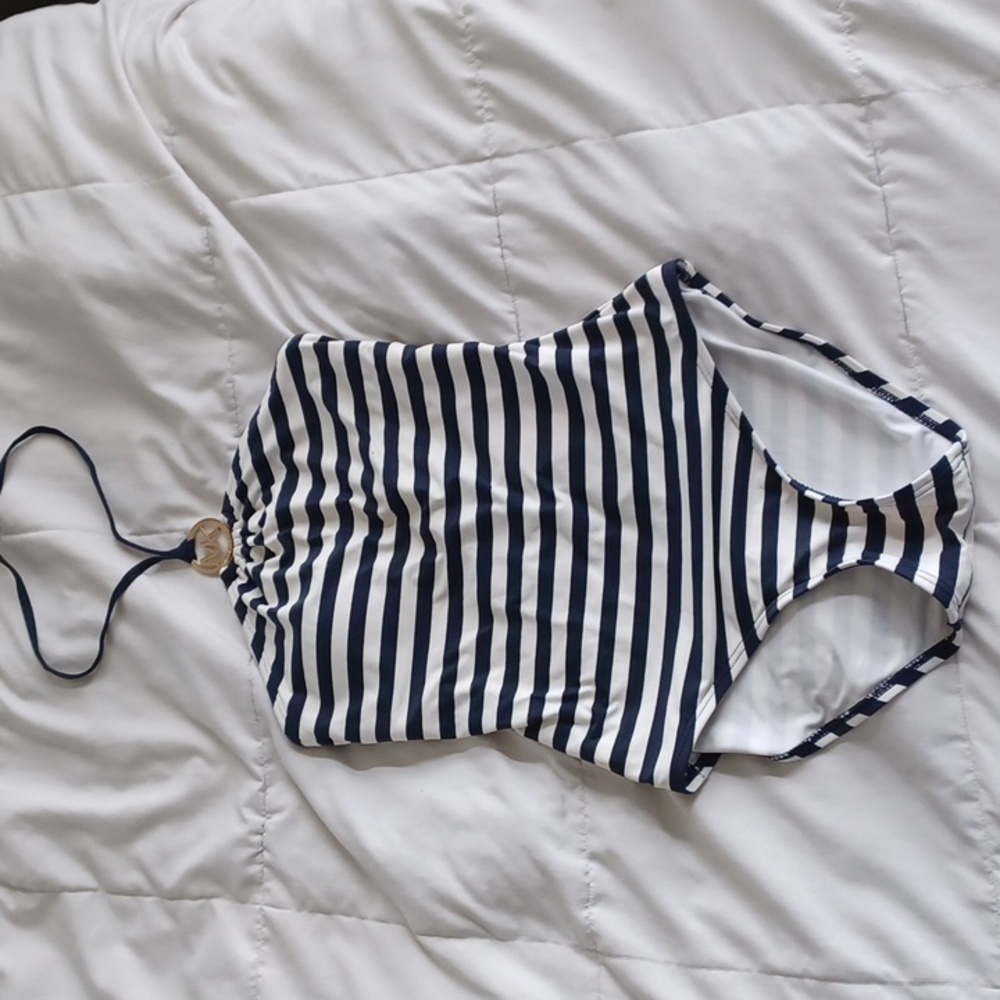 MK Striped Navy/White Logo Ring Bandeau Halter Neck Shirred Swimsuit 6